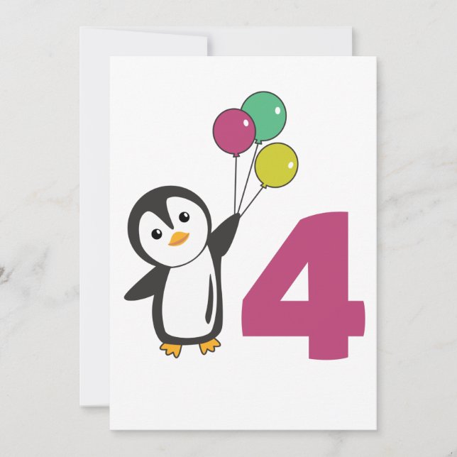 Convite Balões de Aniversário de Quatro Anos do Pinguim Pa (Frente)