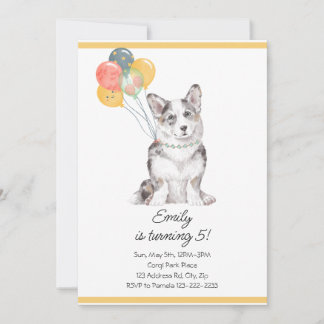 Convite Balões de Aniversário do Sweet Corgi Personalizáve