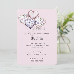 Convite Balões de Aniversário Florais Rosa e Roxo em Forma