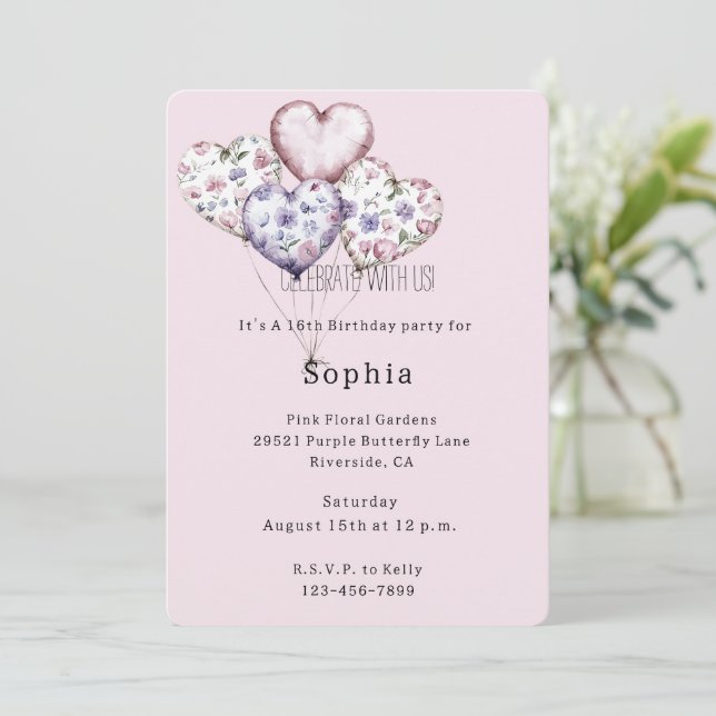 Convite Balões de Aniversário Florais Rosa e Roxo em Forma (Em pé/Frente)