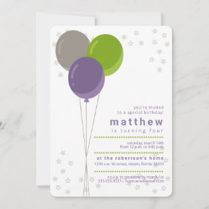 Convite Balões de Aniversário Roxo Verde e Cinza