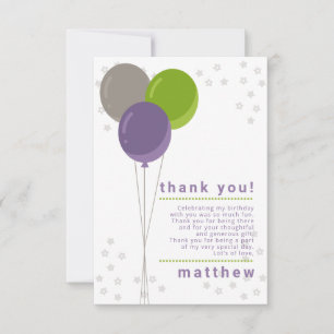 Convite Balões de Aniversário Roxo Verde e Cinza Obrigado.