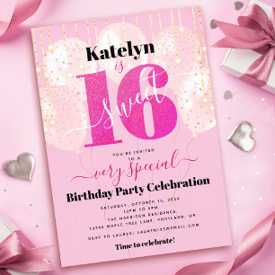 Convite Balões de Aniversário Sweet 16 Brilho Rosa Moderno