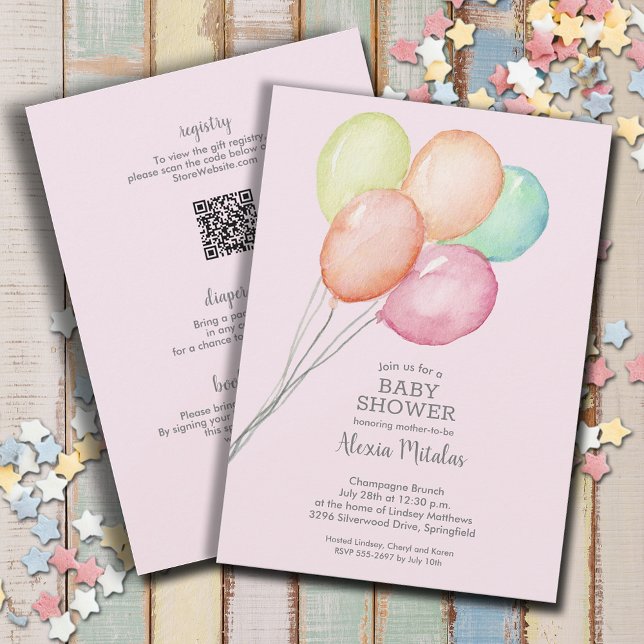 Convite Balões De Aquarela, Bebê Rosa, Tudo Em Um Chá (Watercolor balloons girl baby shower all in one invitations, PRINTED and/or INSTANT DOWNLOAD)