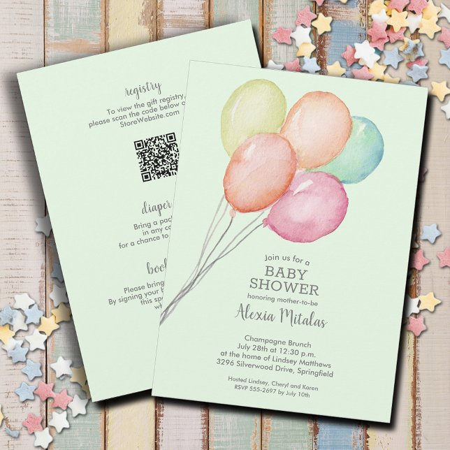 Convite Balões de Aquarela Bebê Verde Tudo Em Um Chá (Watercolor balloons unisex baby shower all in one invitations, PRINTED and/or INSTANT DOWNLOAD)
