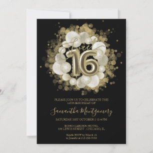 Convite Balões de Aquarela Dourada Sweet 16 Preta