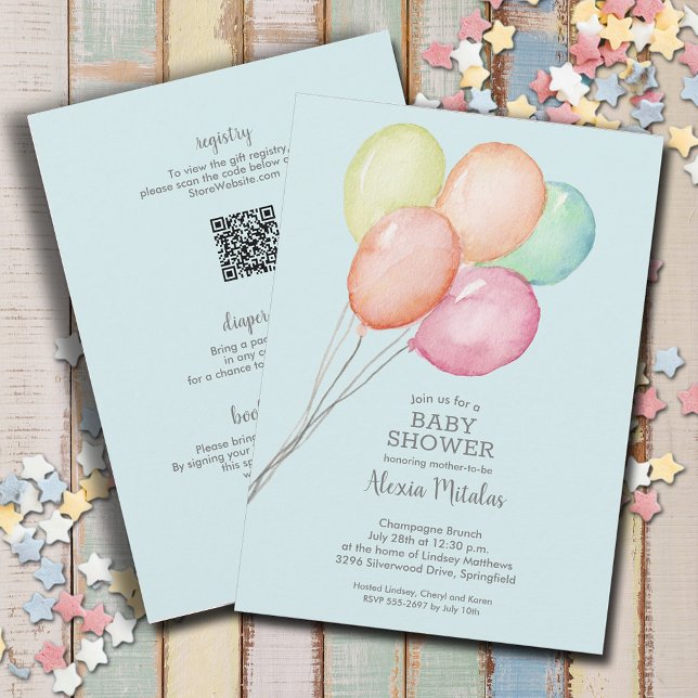 Convite Balões de Aquarela Garoto Bebê Tudo Em Um Chá (Watercolor balloons boy baby shower all in one invitations, PRINTED and/or INSTANT DOWNLOAD)
