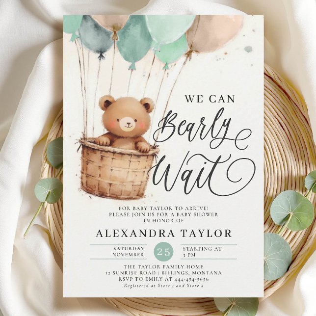 Convite Balões de Ar Quente Brancos Sage Green Baby Chá (bearly wait baby shower invitation boy sage green hot air balloons whimsical calligraphy watercolor)