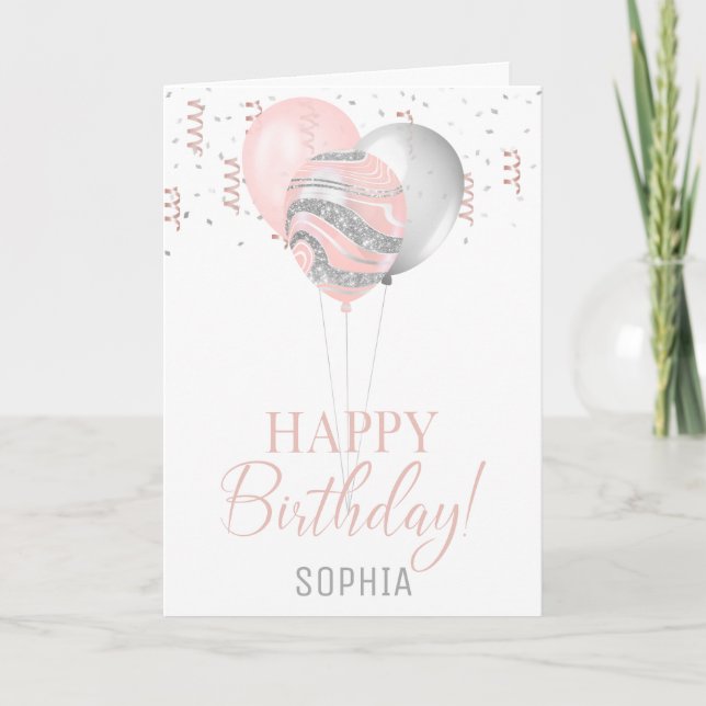 Convite Balões de Blush e Prata Aniversário (Frente)