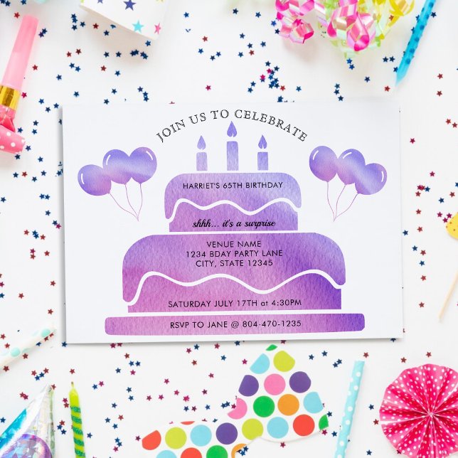 Convite Balões de Bolo de Aquarela Púrpura rosa 65.o anive (Pink Purple Watercolor Cake Balloons 65th Birthday Invitation)