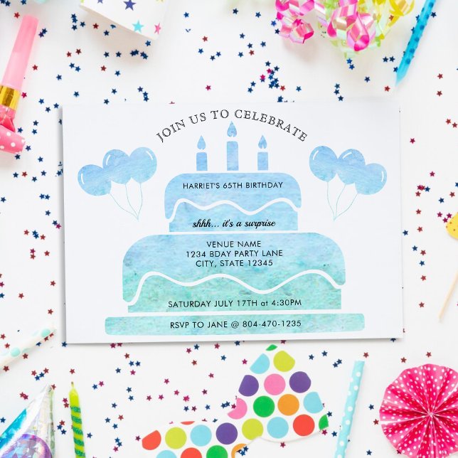 Convite Balões de Bolo de Cama Verde Azul 65.º Aniversário (Blue Green Watercolor Cake Balloons 65th Birthday Invitation)
