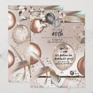 Convite Balões de Brilho Rosa Dourado Rosa para Aniversári