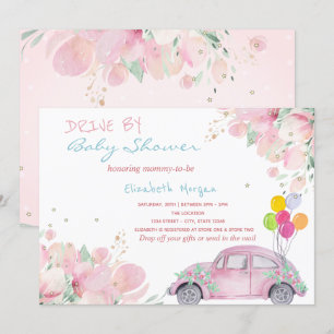 Convite Balões de Carro Rosa Flores Desfile Festa de Bebê