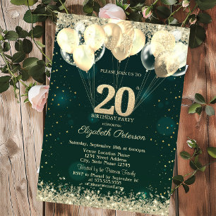Convite Balões de Confete Brilhante Dourado Chic Verde 20º
