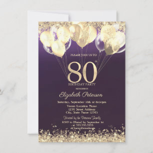 Convite Balões de Confete Brilhante Dourado Roxo 80º