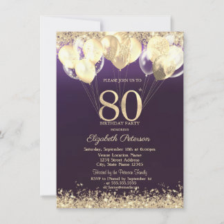 Convite Balões de Confete Brilhante Dourado Roxo 80º 