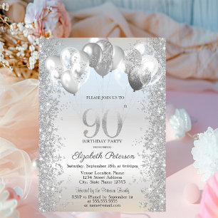 Convite Balões de Confete Brilhante Prata Aniversário de 9