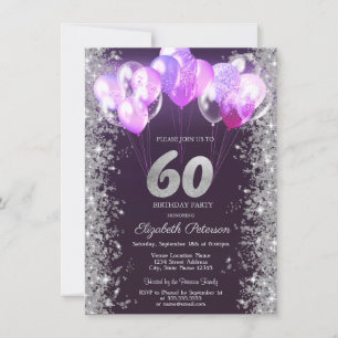 Convite Balões de Confete Brilhante Roxo Aniversário de 60
