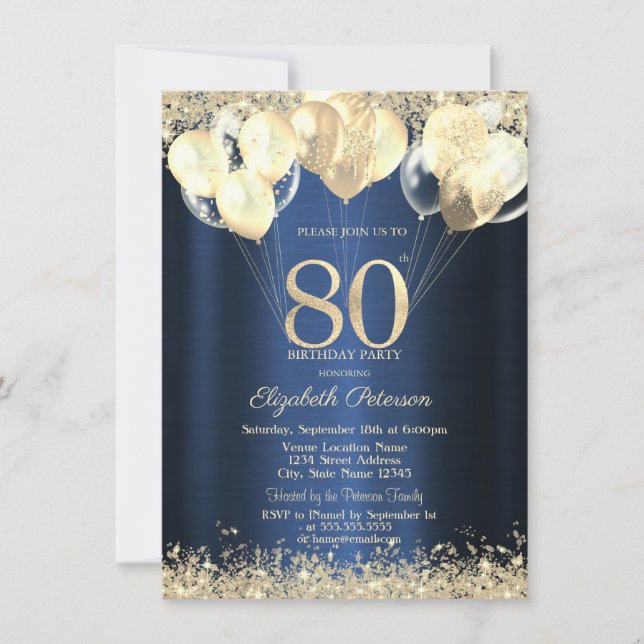 Convite Balões de Confete com Brilho Dourado Azul 80º  (Frente)