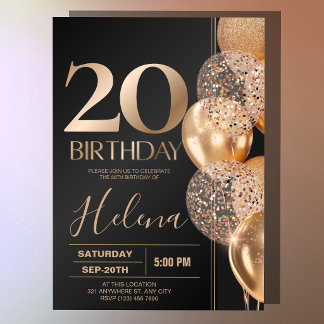 Convite Balões de Confete Glam Black Gold 20º Aniversário