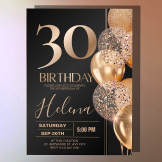 Convite Balões de Confete Glam Black Gold 30º Aniversário
