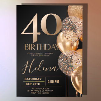 Convite Balões de Confete Glam Black Gold 40º Aniversário