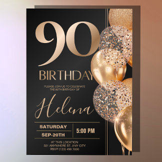 Convite Balões de Confete Glam Black Gold 90º Aniversário