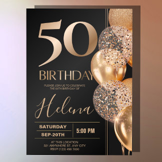 Convite Balões de Confete Glam Black Gold para Aniversário