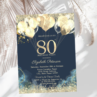 Convite Balões de Confete Glitter Dourado Azul 80º 