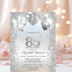 Convite Balões de Confete Prateado Brilhante 85º Aniversár