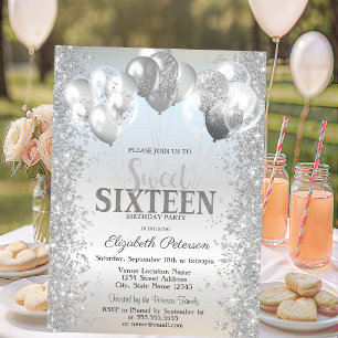 Convite Balões de Confete Prateados Glamurosos Sweet 16