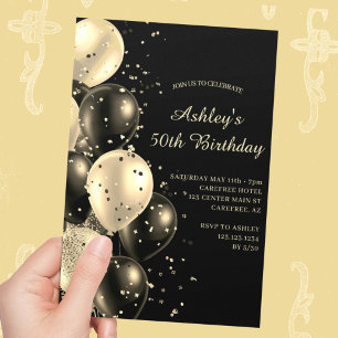 Convite Balões de Confete Preto e Dourado Aniversário de 5