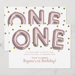 Convite Balões de Confetes em Rose Gold Aniversário de 1 U