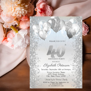 Convite Balões de Confetes Prateados Brilhantes Aniversári