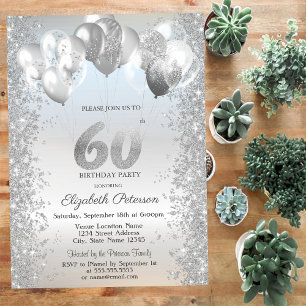 Convite Balões de Confetes Prateados Brilhantes Aniversári