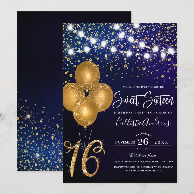 Convite Balões de Confetti Dourados com brilho Luzes Doce  (Frente/Verso)