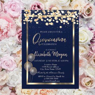 Convite Balões de Confetti Marinho Azul Quinceañera