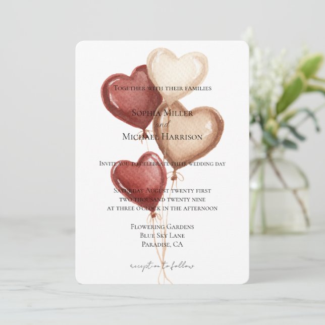 Convite Balões de Coração Creme Vermelho Branco Casamento (Em pé/Frente)