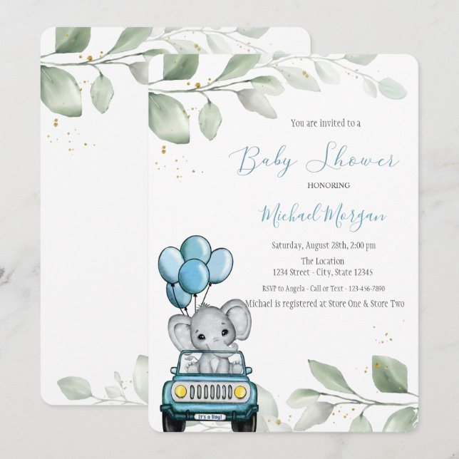 Convite Balões de Elefante Carro Folhas Chá de Bebê (Frente/Verso)