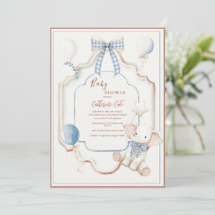 Convite Balões de Elefante de Moldura Azul Vintage Bebê