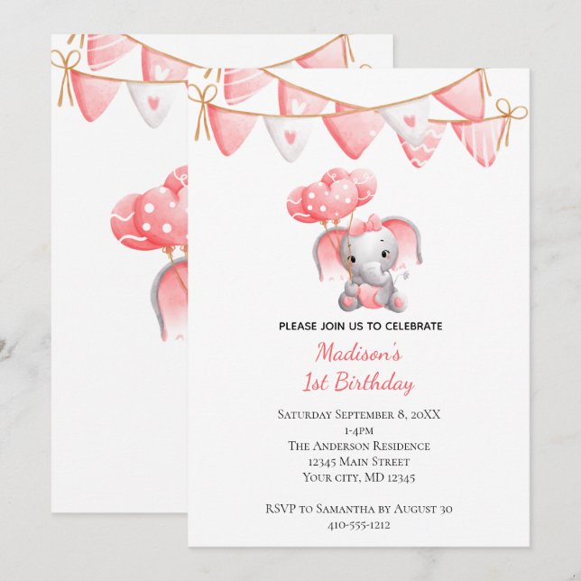 Convite Balões de Elefante Rosa Aniversário de Menina Bebê (Frente/Verso)