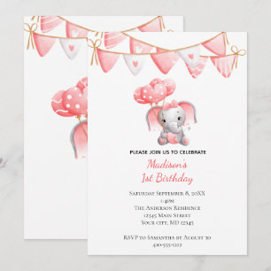 Convite Balões de Elefante Rosa Aniversário de Menina Bebê