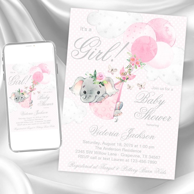 Convite Balões de Elefante Rosa Bege Borboleta Chá de Bebê (Girl elephant baby shower invitation. Instant download and printed invitations available.)