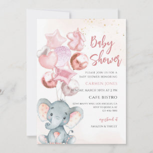 Convite Balões de Elefante Rosa para Chá de Bebê Menina