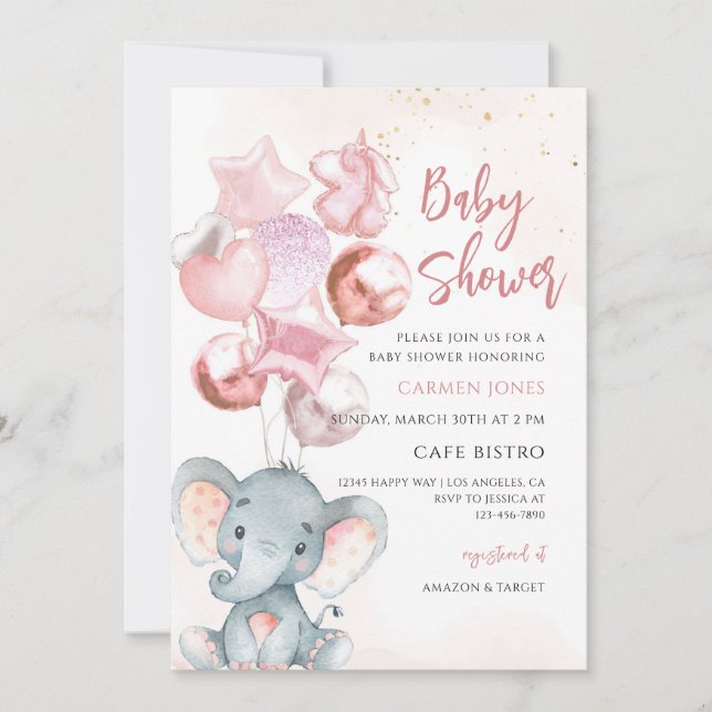 Convite Balões de Elefante Rosa para Chá de Bebê Menina (Frente)