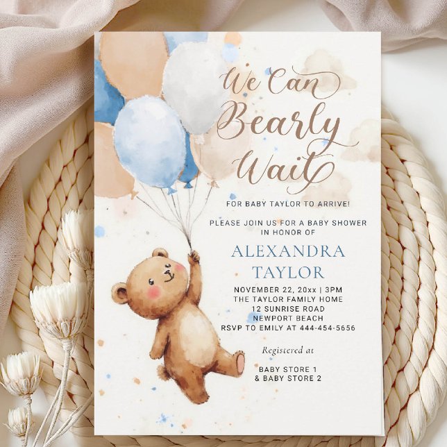 Convite Balões de Espera Abertos Chá de fraldas Watercolor (bearly wait baby shower invitation boy blue brown tan balloons whimsical calligraphy watercolor)
