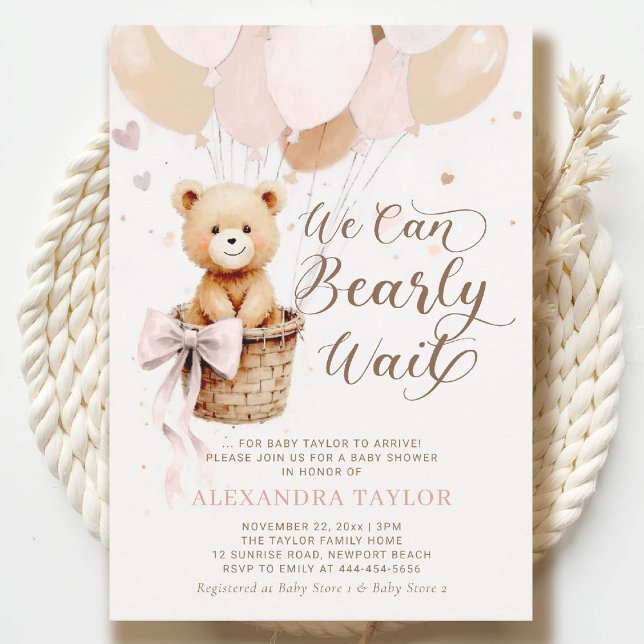 Convite Balões de espera Arco Blush Girl Chá de fraldas (bearly wait baby shower invitation dusty pink hot air balloons bow calligraphy watercolor)
