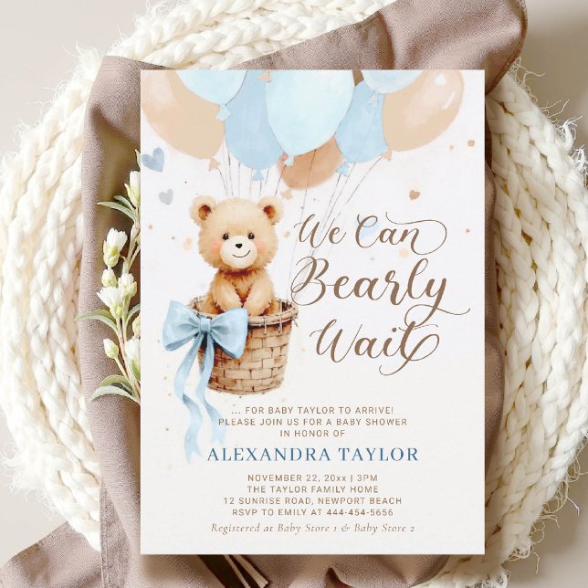 Convite Balões de Espera Arco Chá de fraldas Azul Tan Boy (bearly wait baby shower invitation boy blue brown hot air balloons bow calligraphy watercolor)