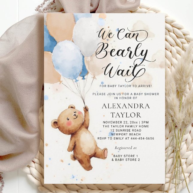 Convite Balões de Espera Brancos Aquarela Chá (bearly wait baby shower invitation boy blue brown tan balloons whimsical watercolor calligraphy)