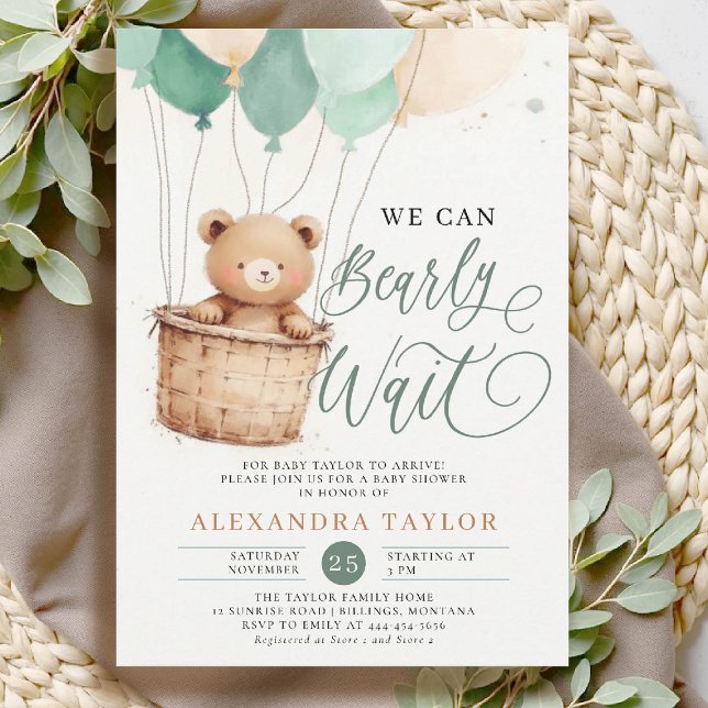 Convite Balões de Espera Brancos Bear Sage Baby Boy Chá (bearly wait baby shower invitation boy green sage hot air balloons whimsical calligraphy watercolor)